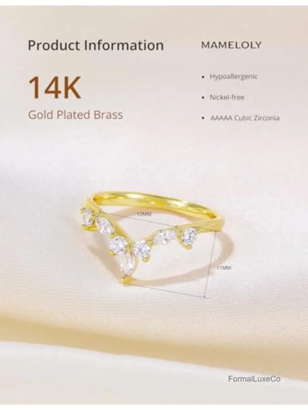 14K Gold Plated CZ Curved V Shaped Stacking Ring